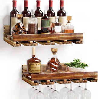 Yorbay Weinregal Set, Weinregal aus Holz Wandregal für Flaschen & Gläser, Wandregal Wandmontiertes Weinregal