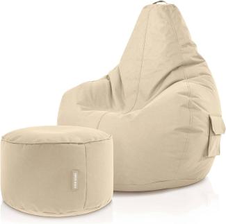 Green Bean© Sitzsack mit Rückenlehne + Hocker "Cozy+Stay" 80 x 70 x 90 cm - Gaming Chair mit 230L Füllung - Bean Bag Lounge Chair Sitzhocker Beige