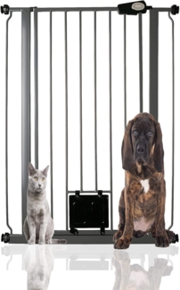 Bettacare Haustiergitter mit Verriegelbarer Katzenklappe, 75cm - 84cm, Schiefergrau, 104cm in der Höhe, Extra Hohes Haustier Sicherheitsgitter mit Katzenklappe, Einfache Installation