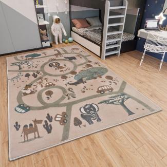 Hanse Home Adventures Kinderteppich - Tier Dschungel Spielteppich Straße Straßenteppich Teppich Junge Mädchen für Kinderzimmer, Jugendzimmer, Wohnzimmer - Creme Braun Grau, 160x235 cm