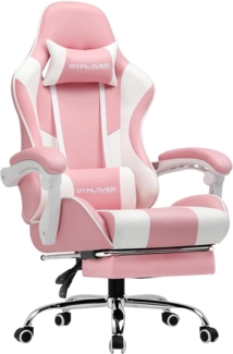 GTPLAYER Gaming Stuhl Bürostuhl Massage Gaming Sessel Ergonomischer Gamer Stuhl mit Fußstütze, Kopfstütze Massage-Lendenkissen, Gepolstert Gaming Chair, Drehsessel, rosa