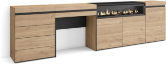 Skraut Home | Sideboard, Kommode | Aufbewahrungsschrank | 277x75x35 cm | Für Schlafzimmer, Zimmer | Elektrokamin. | Kommode mit Schubladen | Schminktisch | Moderner Stil | Eiche