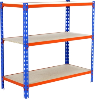 Simonrack Schwerlastregal, Lagerregal, 90 x 90 x 30 cm, Metallregal, Kellerregal, Biegestelle 150 kg, 3 Holzfachböden, Blau/Orange/Holz - Maderclick