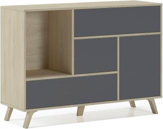 Skraut Home – Sideboard für Wohn- oder Esszimmer – 86 x 120 x 40 cm – Buffet mit 1 Tür + 3 Schubladen – Windmodell – Widerstandsfähiges Holz – Eiche/Grau-Finish