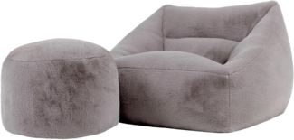 Icon Natalia Sitzsack Sessel für Erwachsene mit Hocker, Grau, Flauschiger Kaninchen Kunstfell Stoff, Riesen Sitzsack mit Füllung, Bean Bag, Bequemer Sessel Wohnzimmer, Lounge, Schlafzimmer, Büro
