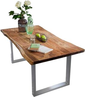 SAM Baumkantentisch 180x90 cm Quarto, Akazienholz massiv + nussbaumfarben lackiert, Esstisch mit Silber lackiertem U-Gestell, Esszimmertisch/Holztisch im Industrial-Design, Tischplatte 26 mm