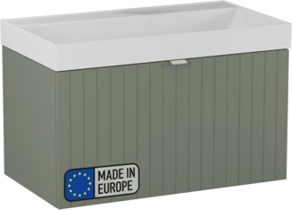 BADEDU ESLA Waschbecken mit Unterschrank 79 cm breit, Grün, Waschbecken Gussmarmor Weiß