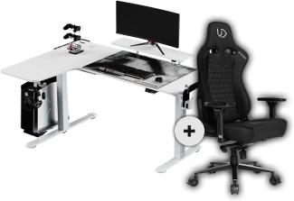 ULTRADESK Winger RGB LED 155 x 111 x 60 cm Links + Throne Gaming Stuhl | Schreibtisch Gamer Tisch L Form | L-förmiger Ecktisch Eckschreibtisch | Höhenverstellbarer Computertisch elektrisch | Weiß