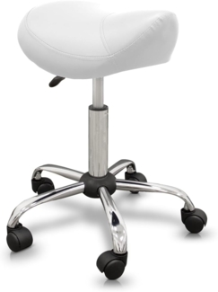 QUIRUMED Pony-Hocker, ergonomisch, mit Stahlgestell, weiße Farbe, Kunstlederpolsterung, höhenverstellbar, gepolsterter Sitz, drehbare Räder, bis 150 kg