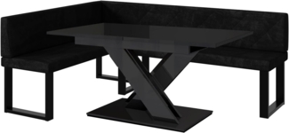 MEBLINI Eckbank für Esszimmer mit ausziehbarem Tisch - Küchenbank - Essecke - Sitzecke Küche - ERIC - U-Beine 142x196x87cm Links - Schwarz Samt/B Schwarz Hochgl.