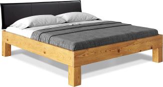 Möbel-Eins CURBY 4-Fuß-Bett mit Polster-Kopfteil, Material Massivholz, rustikale Altholzoptik, Fichte natur 120 x 200 cm Standardhöhe Kunstleder Schwarz ohne Steppung