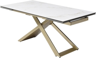 Vente-unique - Esstisch für 6 bis 10 Personen ausziehbar - Keramik, Sicherheitsglas & Metall - Marmor-Optik Weiß & Goldfarben - XERENA von Maison Céphy