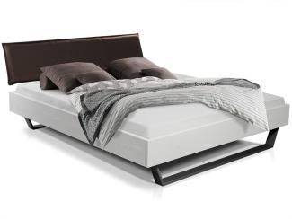 Möbel-Eins LUKY Kufenbett mit Polsterkopfteil, Material Massivholz, Fichte massiv, Kufen schwarz weiss 120 x 220 cm Kunstleder Braun