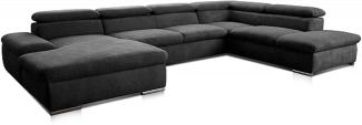 Cavadore Wohnlandschaft Alkatraz im modernen Design / U-Form mit Longchair links und Ottomane rechts / Inkl. Bettfunktion + Kopfteilverstellung / 350 x 73 x 226 / Schwarz