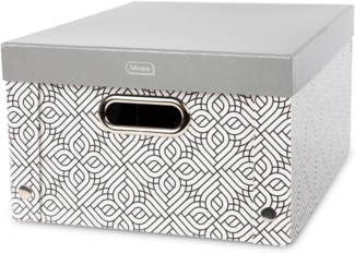 Idena 11196 - Aufbewahrungsbox mit Deckel und Metallgriffen, Aufbewahrungskorb aus festem Karton, ca. 37,5 x 28 x 18 cm, Grau-gemustert