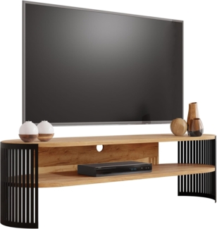 'Fahugin' TV-Lowboard Oval, Laminatplatte, Schwarz / Eiche Craft Gold, 140 x 40 x 40 cm