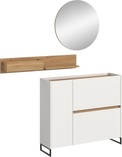 xonox. home – 3 teilige Garderobenkombination Drive 140 x 192 x 32 cm in Weiß und Artisan Oak Nachbildung – Set mit Spiegel, Regal & Schuhkommode – Moderne Garderobe für Diele & Eingangsbereich
