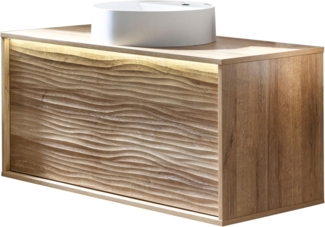 LANZET DUNE Waschbecken mit Unterschrank 100,3 cm breit, Braun hell, Aufsatzwaschbecken Gussmarmor Weiß, inkl. LED Beleuchtung