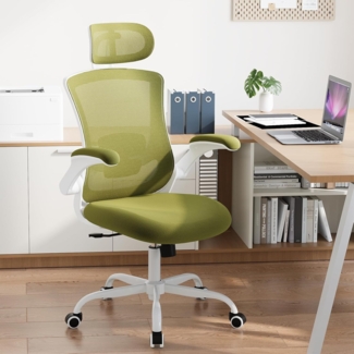COLAMY Bürostuhl Mesh Computer Stuhl mit Verstellbarer Kopfstütze und Lendenwirbelstütze, Schreibtisch Ergonomischer Arbeitsstuhl mit hochklappbarer Armlehne, 140° Wippfunktion, Grün