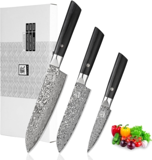 ZAYIKO Damastmesser 3er Set BLACK EDITION - Pakkaholz - VG-10 Stahlkern