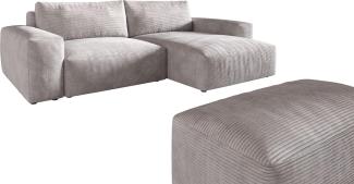 Ecksofa Lanzo XL 270x180 cm Cord Silbergrau Recamiere variabel mit Hocker