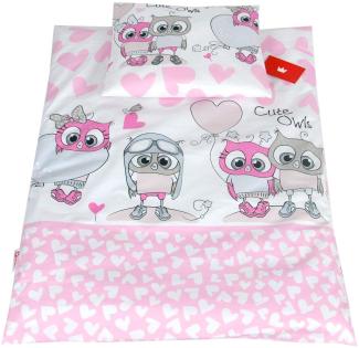 BABYLUX 2 tlg. Set Bezug für Kinderwagen Stubenwagen oder Wiege Garnitur Bettwäsche Kissen Decke 60 x 78 cm (103. Eule Rosa)