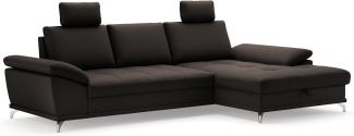 Cavadore Ecksofa Castiel mit Federkern / Eckcouch mit XL-Longchair, Bett, Bettkasten, Sitztiefenverstellung, Kopfstützen und mattschwarzen Metallfüßen / 301x89-114x176 / Echtleder, Dunkelbraun