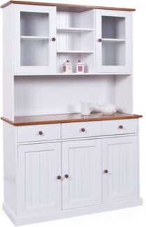 Dmora Sideboard mit drei Türen und drei Schubladen mit oberer Vitrine, weiß mit braunen Details, 131 x 181 x 45 cm