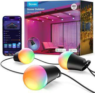 Govee Smart Lichterkette Außen 2, 15M RGBIC Glühbirnen mit Dimmbaren Warmweißen LED Leuchtmitteln, 47 Szenenmodi für Terrasse, Hinterhof, IP65 Wasserdicht, Funktioniert mit Alexa, App-Steuerung