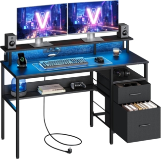 VASAGLE Schreibtisch mit Stoff-Schubladen, Computertisch mit Monitorständer, LED-Beleuchtung, 55 x 135 x 90 cm, eingebaute Steckdosen, 2 USB-A-Anschlüsse, für Homeoffice, ebenholzschwarz LWD094B56