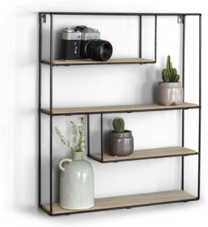 LIFA LIVING Rechteckiges Wandregal aus Holz & schwarzem Metall mit 4 Böden, Modernes Schweberegal im Industrie Design, Hängeregal als Wanddeko, 55 x 45 x 11 cm