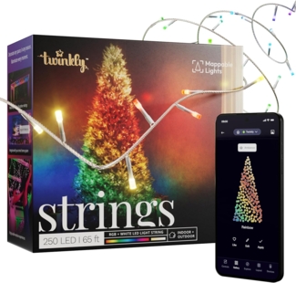 Twinkly Strings 250 LED RGB+ Weiß, LED-Lichterkette, Smarte LEDs für den Innen- und Außenbereich, Kompatibel mit Alexa und Google Home, IP44, Weihnachtsdeko, App-Steuerung, Transparentes Kabel, 20m