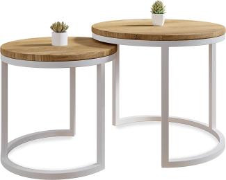 Lumarc Modena, 2er Set Couchtische handgefertigt aus Massivholz Eiche geölt im Industrial Minimalistisch Design, Rund, Ø50x43 cm / Ø40x38 cm