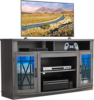VEVOR TV-Ständer für Fernseher bis zu 65 Zoll, TV Tisch mit Lichtleiste, TV-Schrank aus Holz mit Glastüren & verstellbaren Regalen, Konsolentisch Fernsehschrank für Wohnzimmer Schlafzimmer, Grau