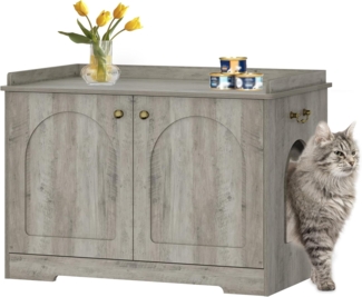 Hzuaneri Katzenschrank mit Griffen, Katzentoilette, Katzenhaus mit Tür, Hölzerner Beistelltisch, 50 x 80 x 57cm, Stabile Katzenschrank, Greige