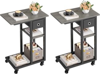 YITAHOME 2PCS Beistelltisch, C-Form Sofatisch mit Rollen und Schublade，Wohnzimmertisch für Kaffee und Laptop，für Wohnzimmer, Schlafzimmer，50 x 30 x 67 cm, Grau