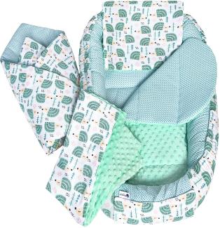 Medi Partners 5 teilig Babynestchen Set Babynest 100x60x15 herausnehmbarer Einsatz Bett Kuschelnest Krabbeldecke Babys Neugeborene 100% Baumwolle (Igel mit Mint Minky)