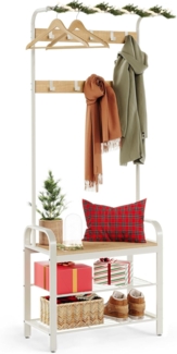 Vasagle Garderobenständer mit 9 Abnehmbaren Haken und mit Sitzfläche, Holz/ Metall weiß/natur, 72 x 183 x 33, HSR40W