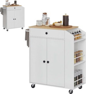 HOMCOM Servierwagen Kücheninsel mit Arbeitsplatte, Schublade, (Küchenschrank Rollbar, 1 St, Küchenwagen auf Rollen), mit Einlegeboden, Gewürzregal, Handtuchstange, Küchentrolley Weiß