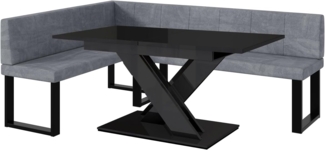 MEBLINI Eckbank für Esszimmer mit ausziehbarem Tisch - Küchenbank - Essecke - Sitzecke Küche - PETER - U-Beine 142x196x87cm Links - Grau Samt/B Schwarz Hochgl.