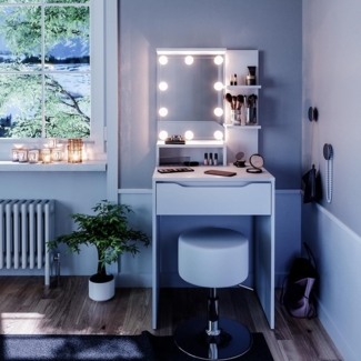 Vicco Schminktisch Weiß 60 cm mit LED Beleuchtung und Hocker, Ruben