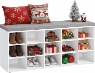 VASAGLE Schuhregal mit Sitzfläche und mit Kissen, Holzspanplatte / Schaumstoff weiß, 105 x 30 x 48 cm