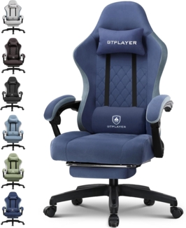 GTPLAYER Gaming Stuhl Ergonomischer Gaming Sessel Schreibtischstuhl mit Stoffoberfläche, Federsitzkissen, Verbindungsarmlehnen und Fußstütze blau