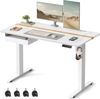 Vasagle Höhenverstellbarer Schreibtisch elektrisch, mit Steckdose und Schublade, stufenlos verstellbar, Memory-Funktion mit 4 Höhen, weiß, Tischoberfläche 60x120 cm