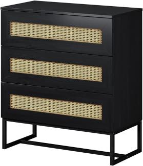 Selsey 'Kerals' Kommode Sideboard mit 3 Schubladen, schwarz mit Rattan-Einsätzen und Metallfüßen, ca. 90 x 80 x 40 cm