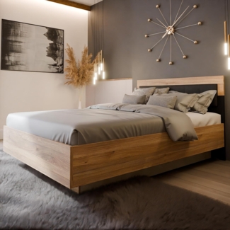 Forte BADERNA Bett 145, Bett mit Lattenrost und Stauraum, Holzwerkstoff, Mauvella Eiche Dekor/Schwarz, 145 cm breit, 99,5 cm hoch, 205 cm tief