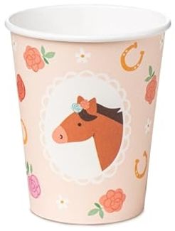 partydeco Becher, Papier, Pappbecher 220ml mit Pferd Motiv 6er Set Zartrosa