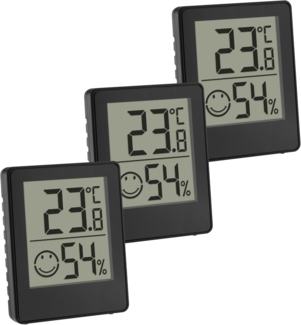 TFA Dostmann Digitales Mini Thermo- Hygrometer, 3er-Set, 30.5039.01.03, Raumthermometer, Temperatur und Luftfeuchtigkeitsmessgerät, Smiley Komfortzone, Raumklimakontrolle, batteriebetrieben, schwarz