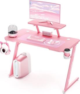 Intimate WM Heart Gaming Tisch 110cm, Ergonomischer Computertisch, Schreibtisch mit Tischplatte aus Kohlefaser, Drehbarer Headsethalter, Griffhalter und Getränkehalter, Rosa