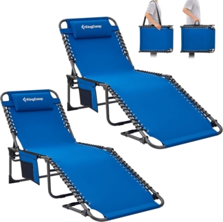KingCamp Campingliege Sonnenliege Gartenliege Camping-Klappbett mit verstellbarem Rückenteil und Kopfkissen für Garten Urlaub Outdoor 2 Set Blau